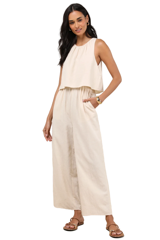 Breezy Sophistication Beige Textured Wide-Leg Jumpsuit