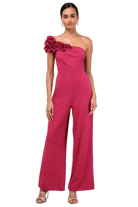 Damara Magenta Floral Applique One-Shoulder Jumpsuit